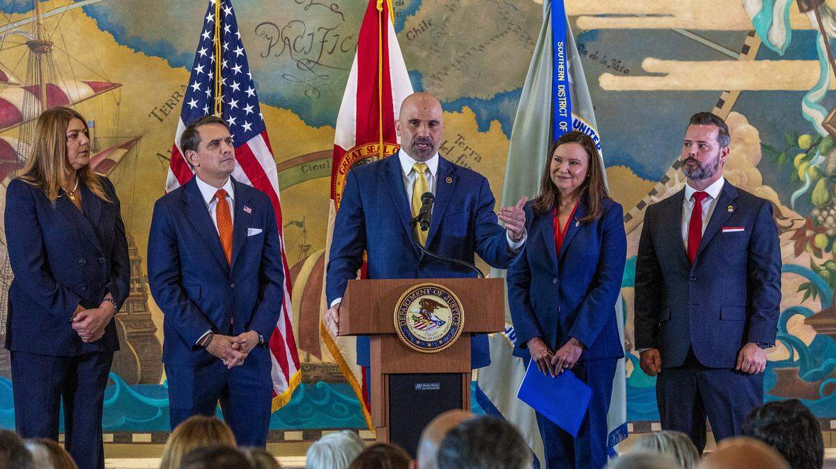 From left- Miami Dade College President Madeline Pumariega, acting U.S. Attorney General Todd Blanche, U.S. Senator Ashley Moody and South Florida U.S. Attorney Jason A. Reding Quiñones listen as FBI Deputy Director Christopher G. Raia speaks during the announcement of a federal indictment against Raúl Castro for the shoot-down of two Brothers to the Rescue planes in 1996, during an event to honor the victims at the Freedom Tower, in Miami, on Wednesday, May 20, 2026.
