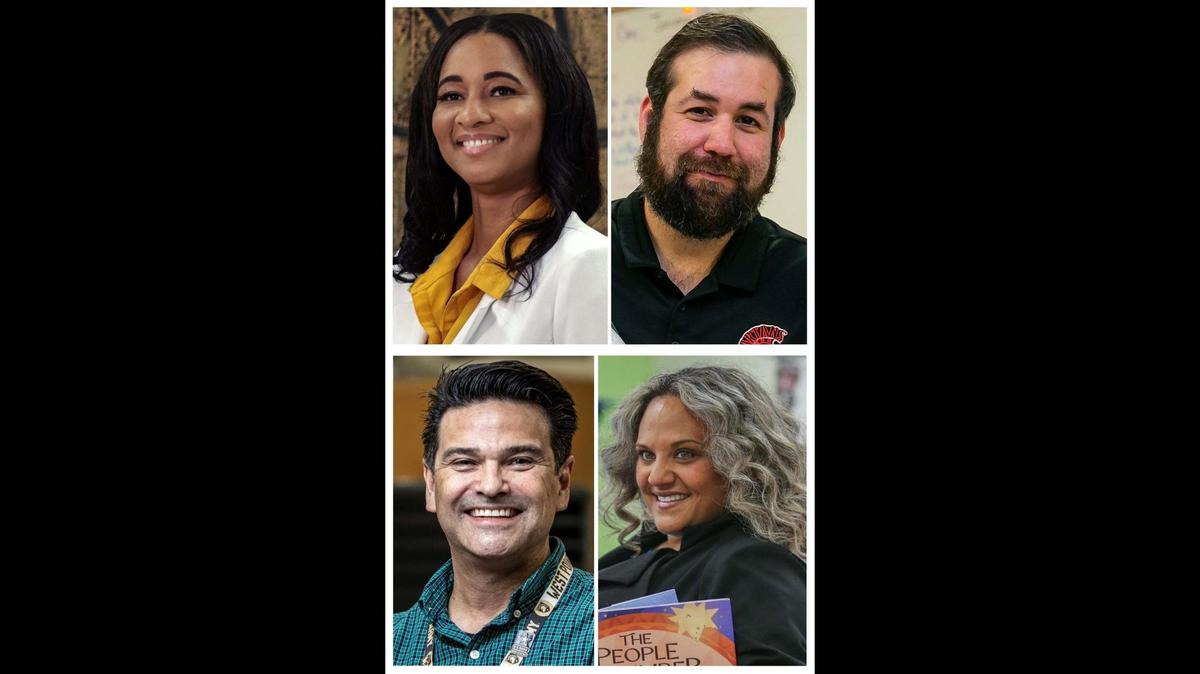 The four finalists for the 2023 Francisco R. Walker Teacher of the Year for Miami-Dade Public Schools. Clockwise from top left, Unethia Fox, Andres Cerrato, Renee O’Connor and Derek Bostick.