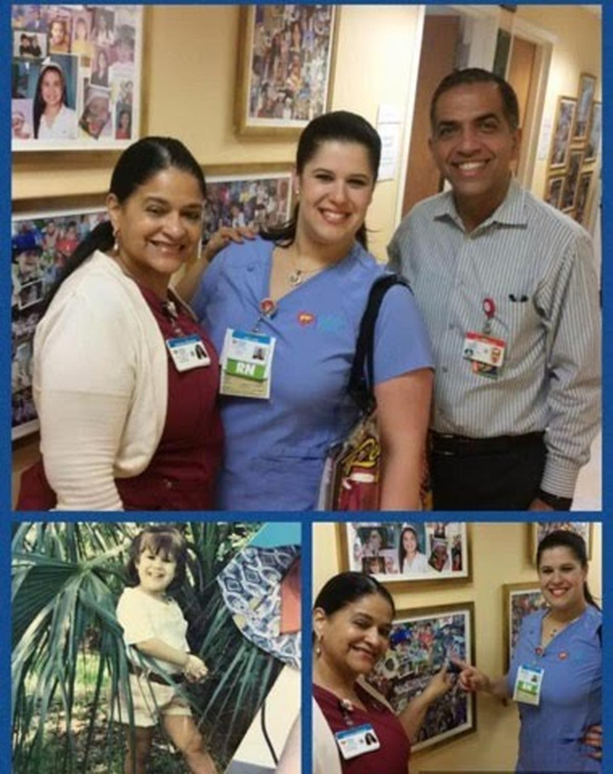  Kelly Lara, center, is pictured with Dr. Ziad Khatib, a pediatric hematologist-oncologist at Nicklaus, right; and Adelenia Robinson, a phlebotomist, on the left. Both treated Lara as a patient, and were still at Nicklaus when Lara started working there in 2018.