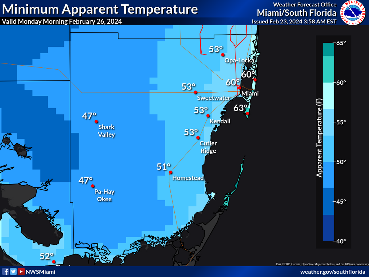 Here are the minimum apparent temperatures across Miami-Dade County on the morning of Monday, Feb. 26, 2024.