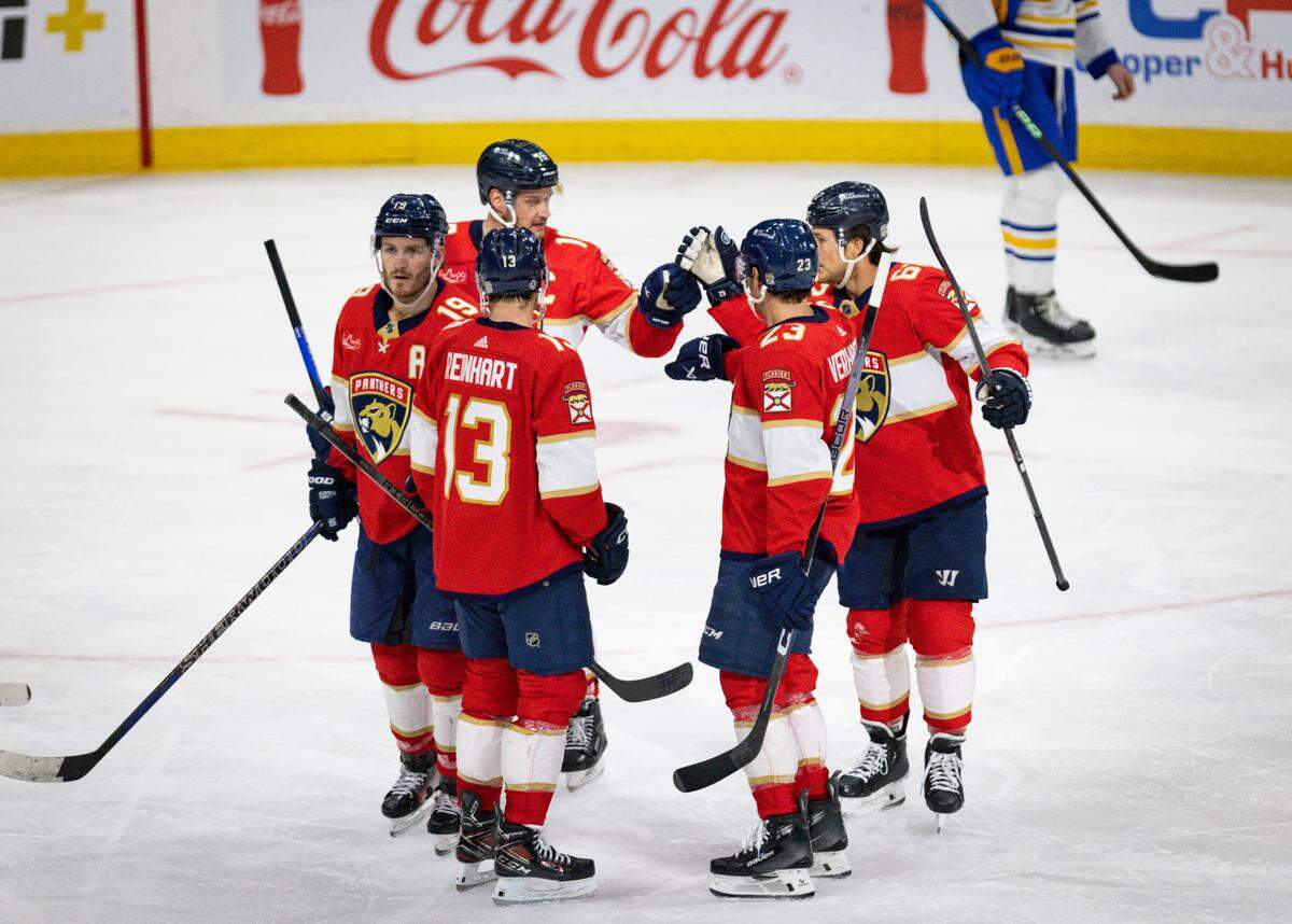 Florida Panthers defenseman Brandon Montour (62) celebrates his goal with teammates during the second period of a hockey game on Tuesday, Feb. 27, 2024, at Amerant Bank Arena in Sunrise, Fla. The Panthers won 3-2.