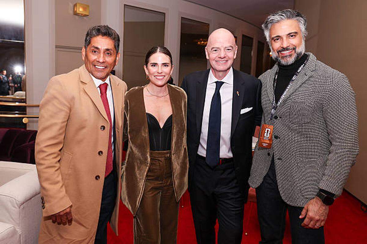 WASHINGTON, DC - DECEMBER 5: (L-R) FIFA Legend Jorge Campos, Karla Souza, FIFA President Gianni Infantino and Jaime Camil during the FIFA World Cup 2026 official draw at John F. Kennedy Center for the Performing Arts on December 5, 2025 in Washington, DC. (Photo by Tasos Katopodis - FIFA/FIFA via Getty Images)
