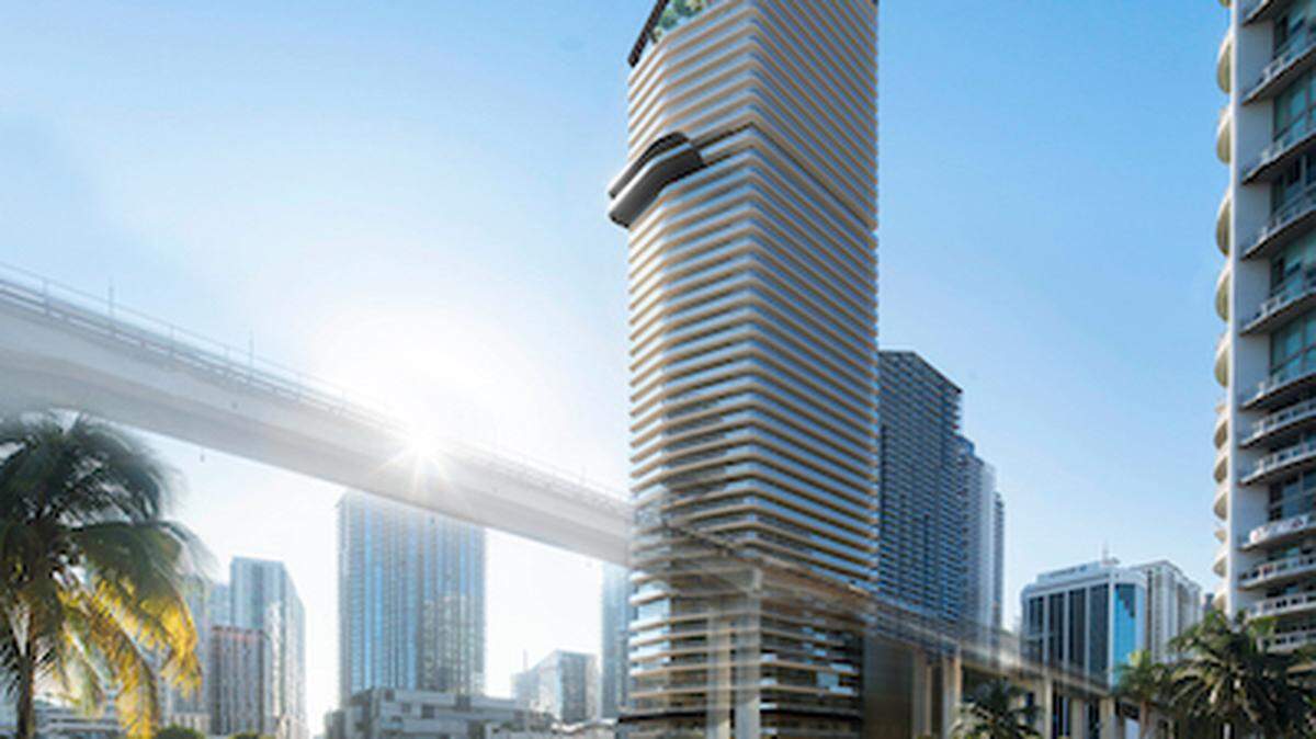 Newgard Development Group tiene previsto iniciar en febrero la construcción del rascacielos Lofty Brickell. Esta es una representación de la torre de condominios de 44 pisos entre el río Miami y Brickell City Centre.