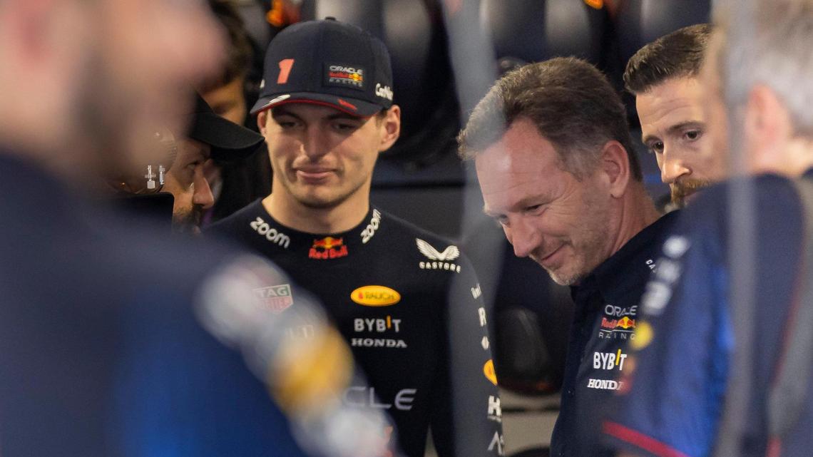 Dutch Formula One driver Max Verstappen of Red Bull Racing and Team Principal Chris Horner are seen inside their garage before the start of the third practice session at the Formula One Miami Grand Prix at the Miami International Autodrome on Saturday, May 6, 2023, in Miami Gardens, Fla.