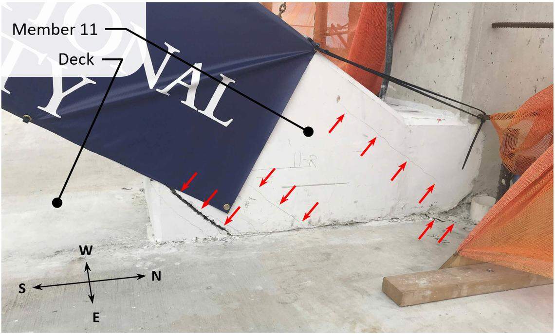 Photograph showing east side of truss member 11 at the deck after the member 11 post-tensioning rod detensioning operation. Captured on March 10, 2018, at 3:17 p.m.