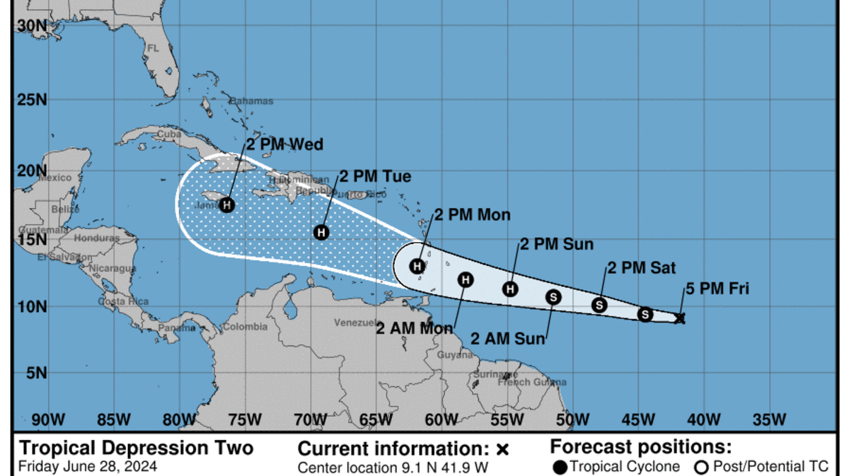 Tropical depression 2 is set to strengthen into a tropical storm later Friday night and a Category 1 hurricane by the time it reaches the Windward Islands late Sunday.