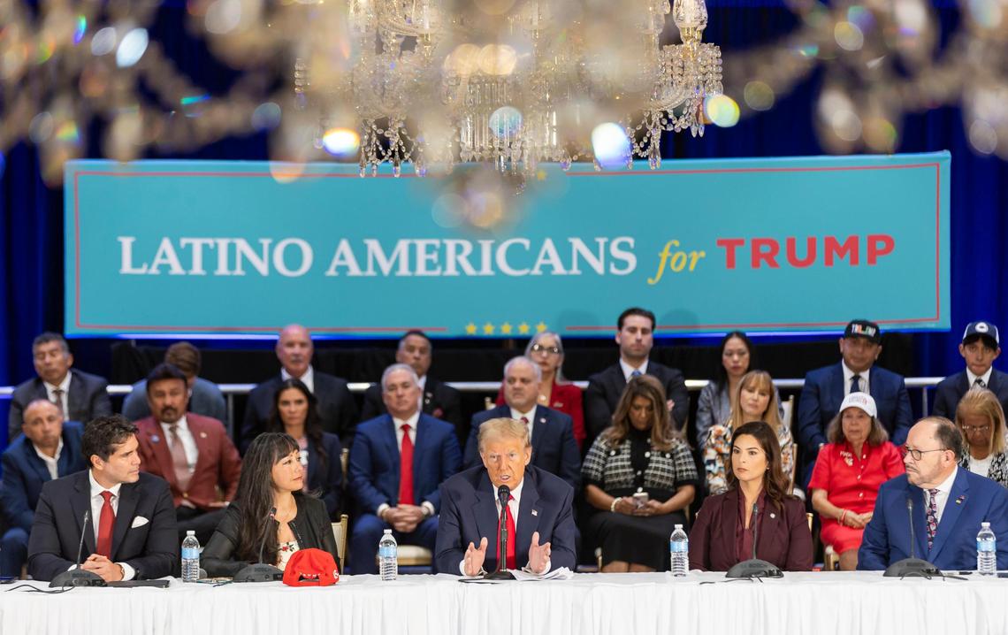 Republican presidential candidate and former President Donald Trump speaks during a roundtable discussion with local Latino leaders at Trump National Doral Miami on Tuesday, Oct. 22, 2024, in Doral, Fla.