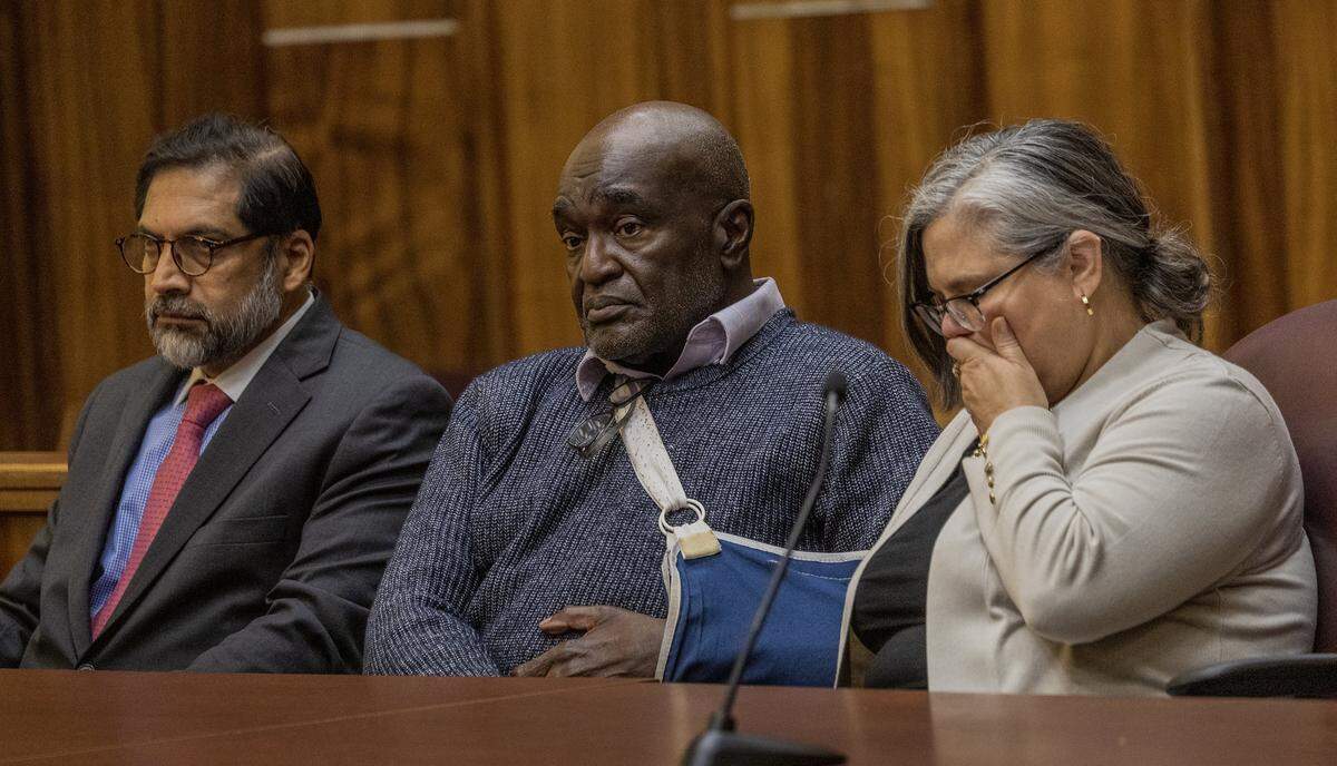 Defense attorneys Khurum Wahid (far left), Carmen Vizcaino and Harrel Braddy, who was convicted of leaving a 5-year-old girl to die in the Everglades in 1998, react as a verdict is read in his death penalty resentencing hearing in Courtroom 4-1 at the Richard E. Gerstein Justice Building, on Friday, January 30, 2026.