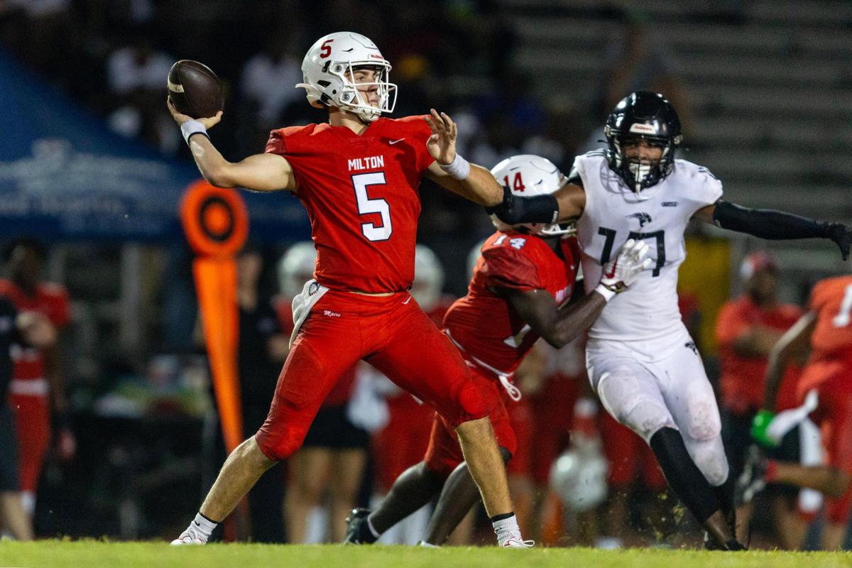 Milton High quarterback Luke Nichol (5) throws the ball during the 2023 Broward County National Football Showcase against Western at Western High School in Davie, Florida, on Thursday, August 24, 2023.