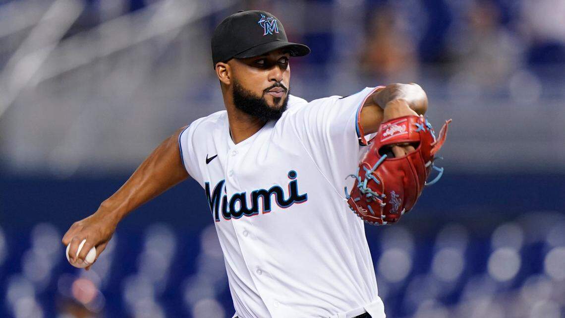 Miami Marlins’ Sandy Alcantara winds up during the first inning of the team’s baseball game against the New York Mets, Wednesday, Sept. 8, 2021, in Miami. (AP Photo/Wilfredo Lee)