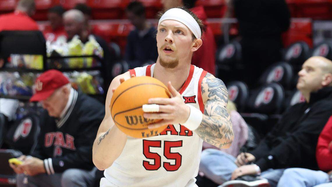 Mar 4, 2025; Salt Lake City, Utah, USA; Utah Utes guard Gabe Madsen warms up before the game against the West Virginia Mountaineers at Jon M. Huntsman Center.