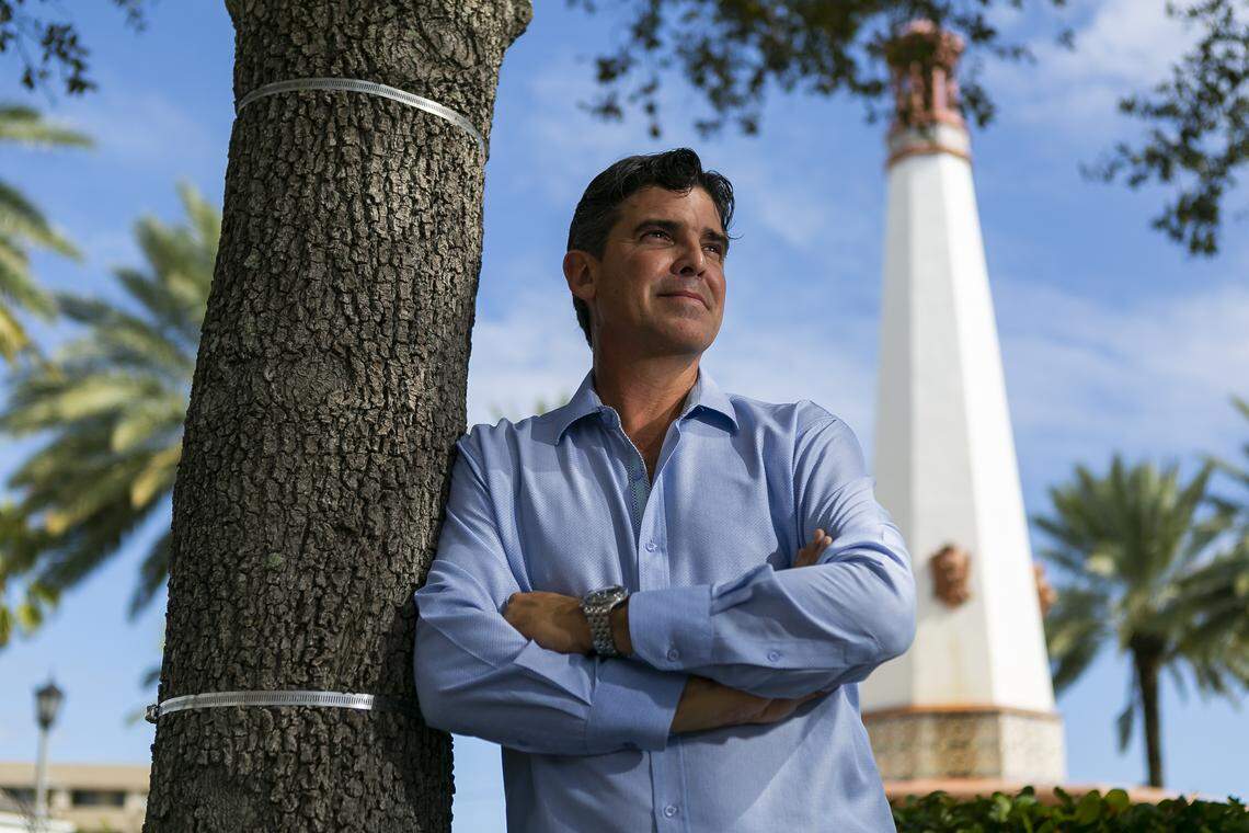 Daniel Veitia, a longtime resident, property manager and broker in Miami Beach’s North Beach section, stands at the Normandy Isle fountain.