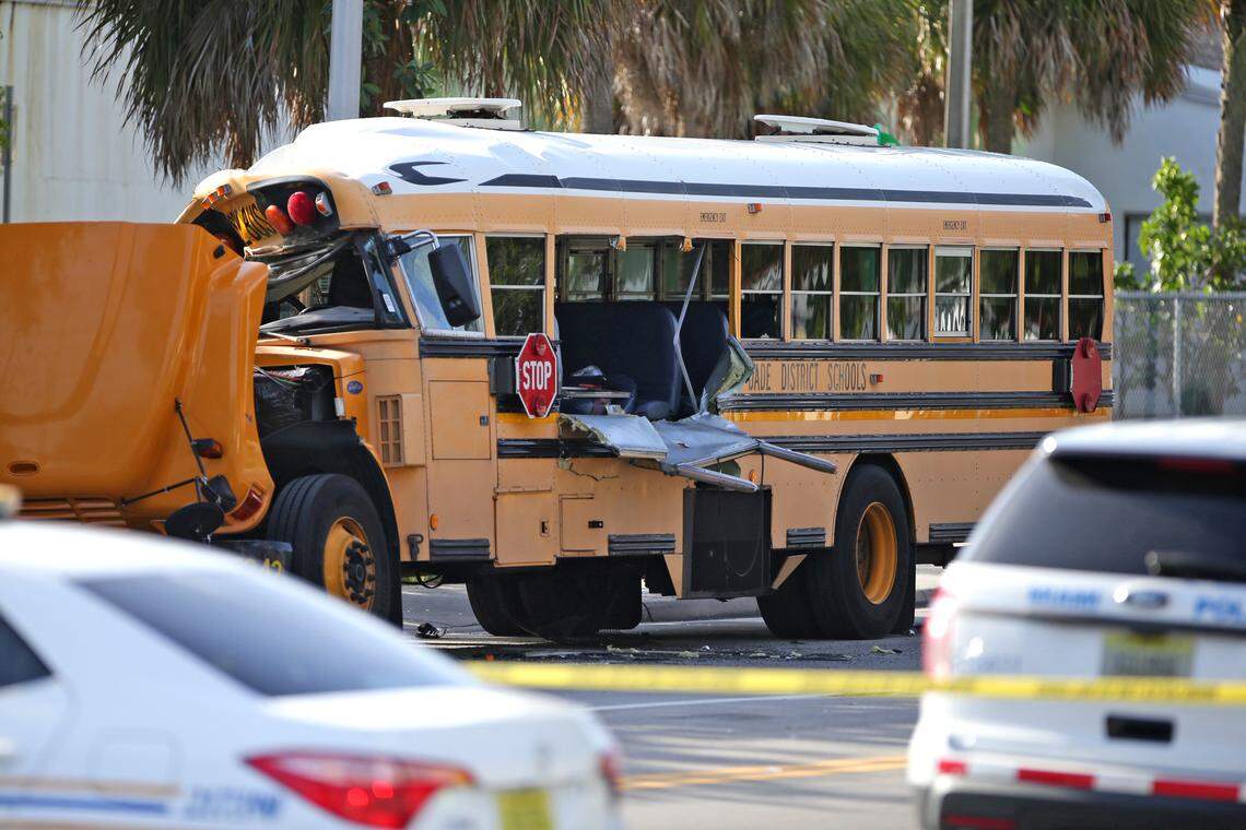 Miami Police Department at the scene after a school bus and a garbage truck collided at Northwest 12th Avenue and 71st Street on Thursday, September 19, 2019, in Miami.