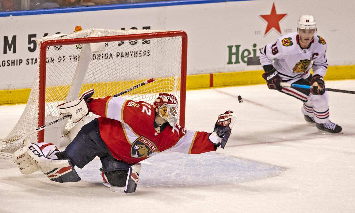 Florida Panthers goaltender Sergei Bobrovsky (72) defends the net in the third period as the Florida Panthers host the Chicago Blackhawks at the  BB&T Center in Sunrise on Saturday, February 29, 2020.