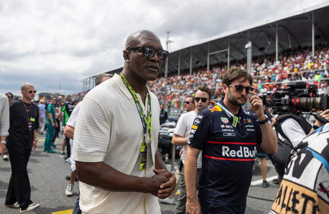American former professional boxer Evander Holyfield walks the grid ahead of the Formula One Miami Grand Prix at the Miami International Autodrome on Sunday, May 4, 2025, in Miami Gardens, Fla.