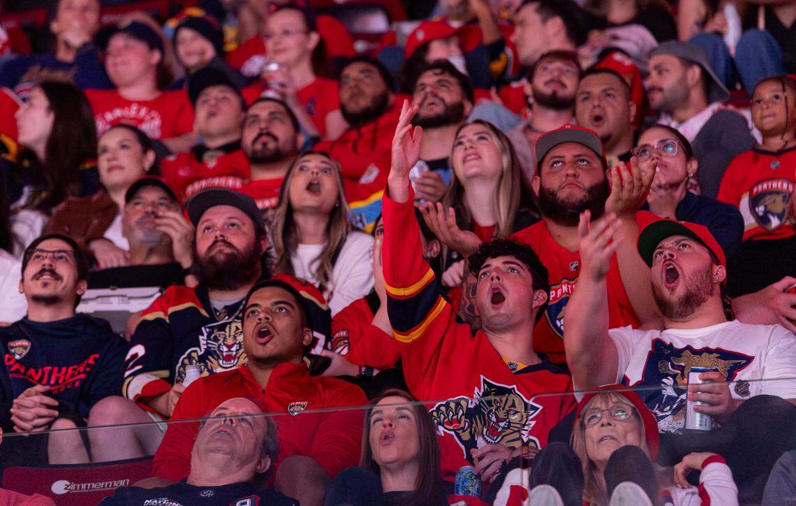 Florida Panthers fans react as they watch their team play against the Edmonton Oilers in Game 1 of the NHL Stanley Cup Final at the Amerant Bank Arena on Wednesday, June 4, 2025, in Sunrise, Fla.