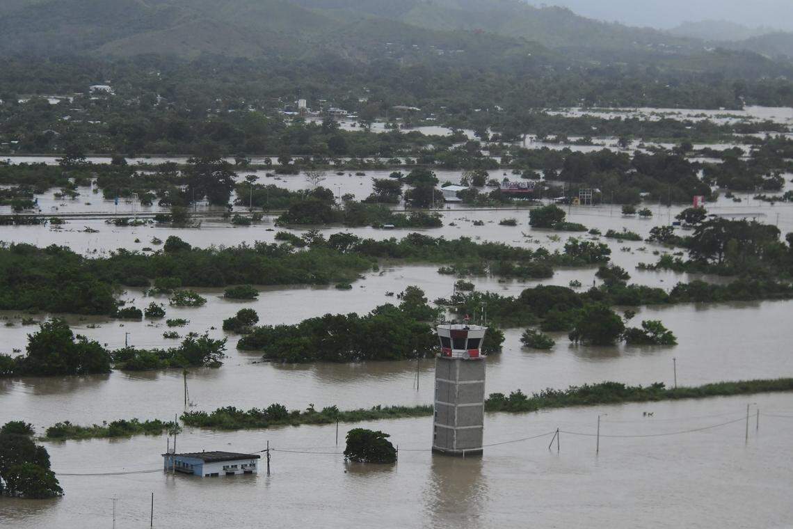 Aerial view of flooded Ramon Villeda Morales airport after tropical depression Iota unleashed floods on November 18, 2020 in San Pedro Sula, Honduras.