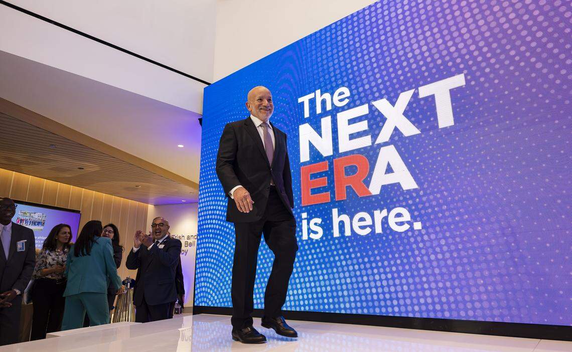Carlos Migoya, outgoing Jackson Health System chief executive officer, walks on stage during a preview event of a new emergency room at Jackson Memorial Hospital on Thursday, April 16, 2026, in Miami, Fla.