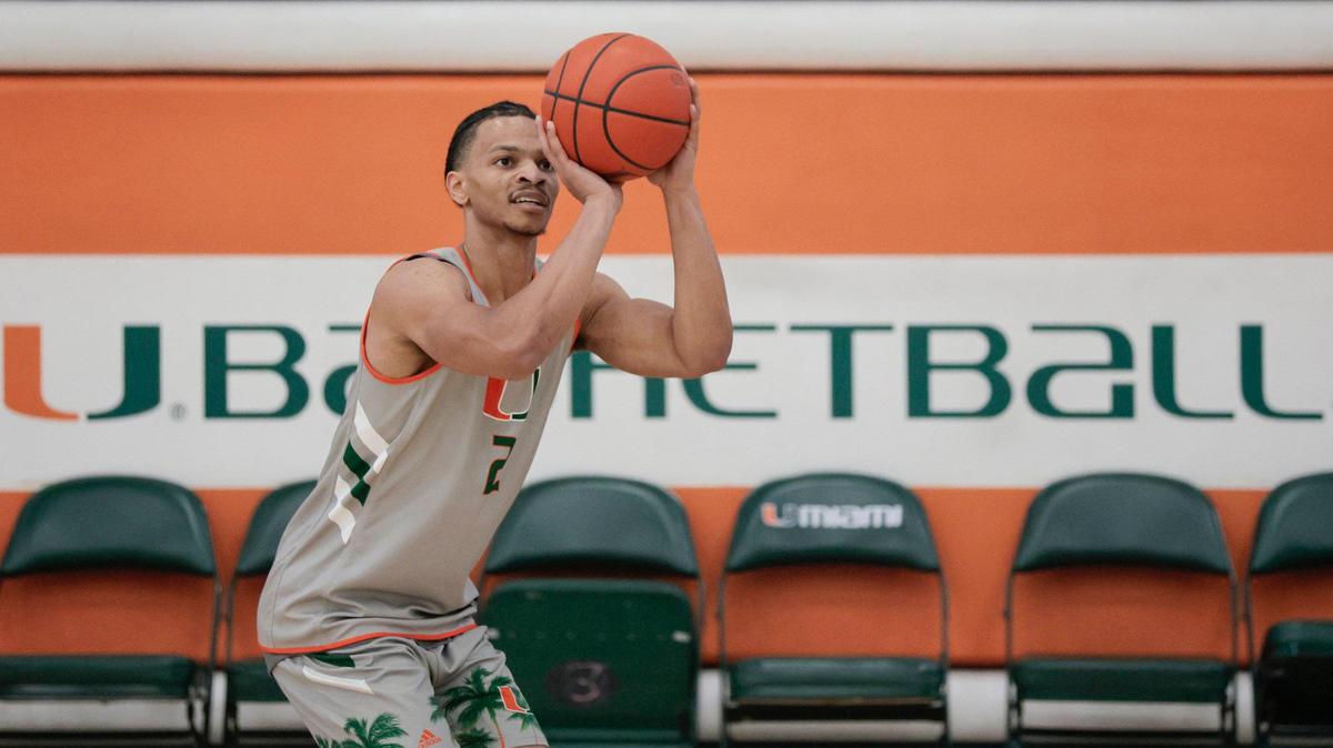 Miami Hurricanes guard Isaiah Wong (shown at practice) and Jordan Miller each scored 19 points in an 89-55 home exhibition win against Indiana University of Pennsylvania.