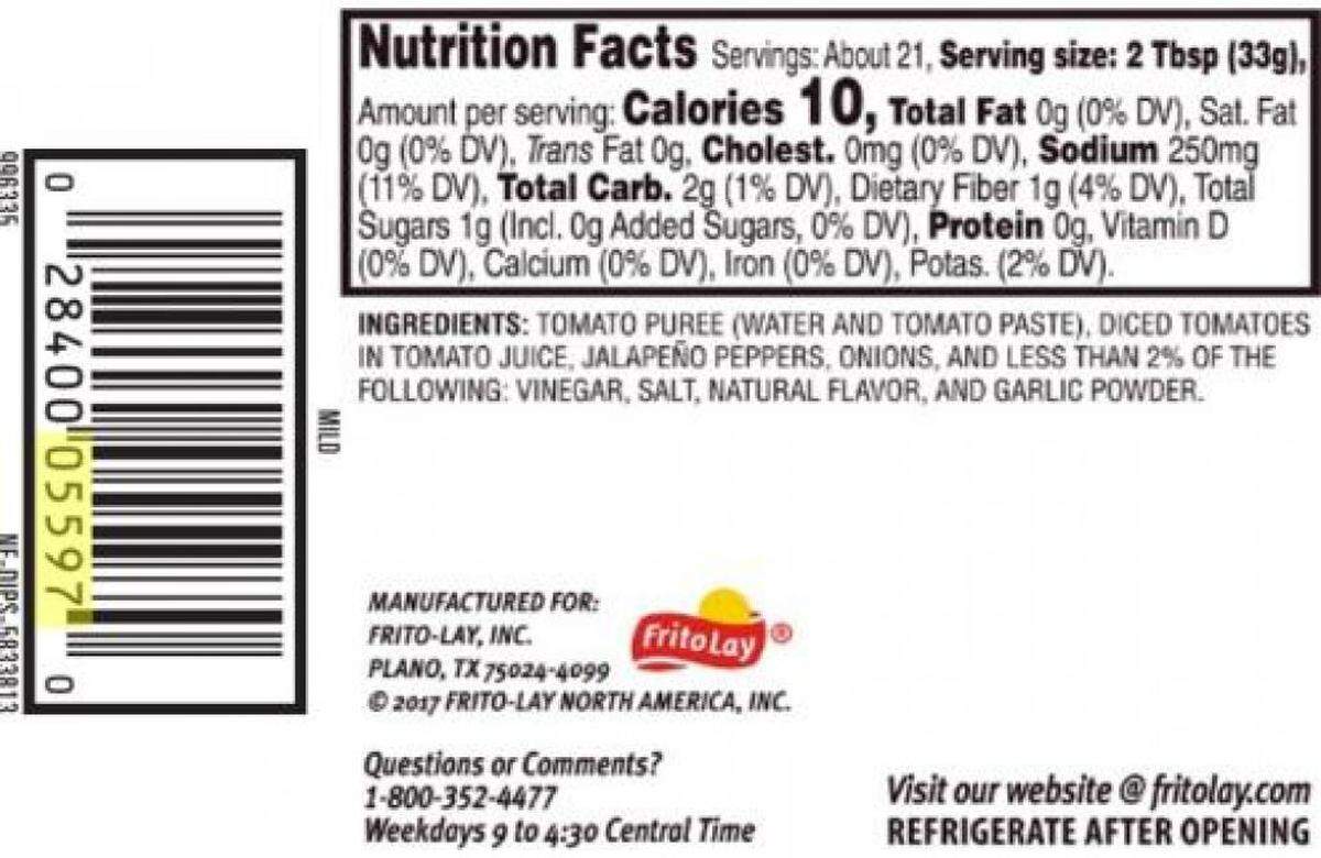The rear label mistakenly put on the recalled Tostitos Avocado Salsa Dip jars.