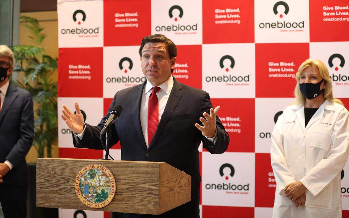 Florida Governor Ron DeSantis holds a press conference regarding COVID-19 at OneBlood Headquarters Monday, July 20, 2020, in Orlando, Florida.