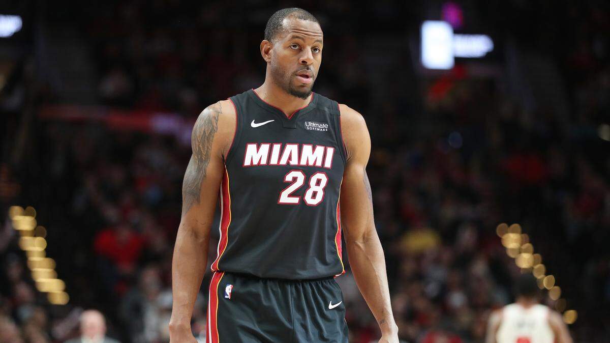 Andre Iguodala #28 of the Miami Heat looks on in the second quarter against the Portland Trail Blazers during their game at Moda Center on February 09, 2020 in Portland, Oregon.