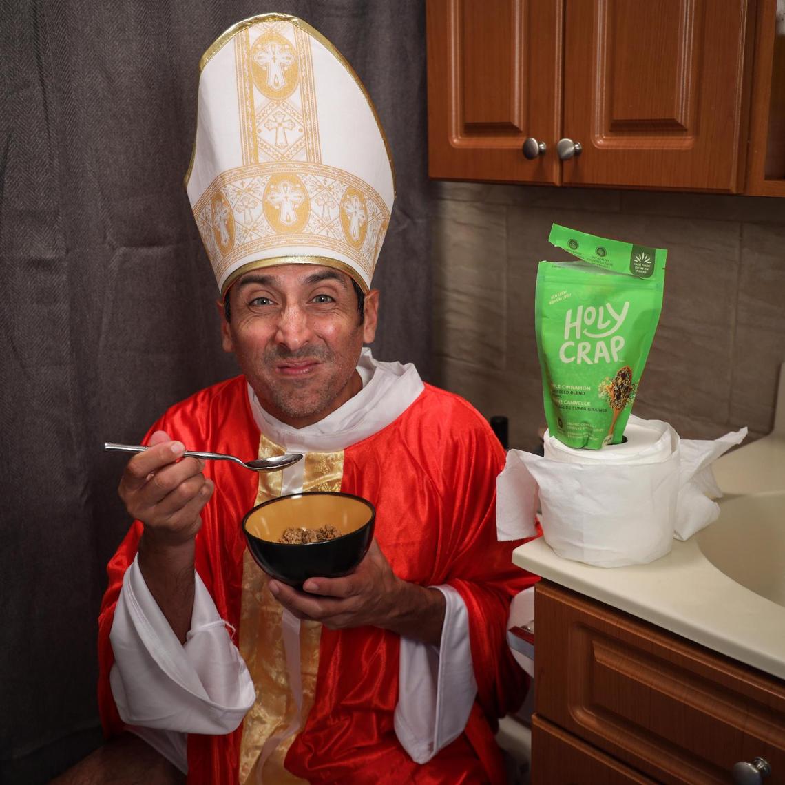 David Ovalle takes a moment prior to feeling the full effect of Holy Crap breakfast cereal. Location: Ovalle residence.