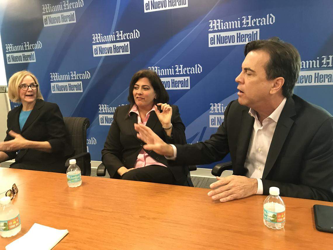 Three candidates for Miami-Dade's District 5 commission race hold a mini debate before the Miami Herald's Editorial Board. From left:  Eileen Higgins, Zoraida Barreiro, and Alex Diaz de la Portilla.