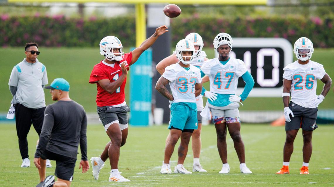 Miami Dolphins quarterback Tua Tagovailoa (1) throws a pass during NFL football training camp at Baptist Health Training Complex in Hard Rock Stadium on Wednesday, July 27, 2022 in Miami Gardens, Florida.