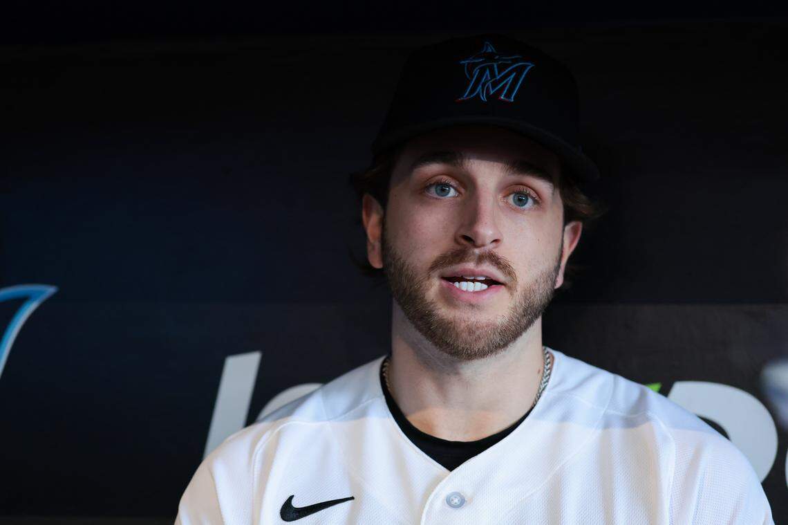 Miami Marlins third baseman Connor Norby (1) speaks to reporters during media day at loanDepot park on Friday, Feb. 6, 2026, in Miami, Fla.