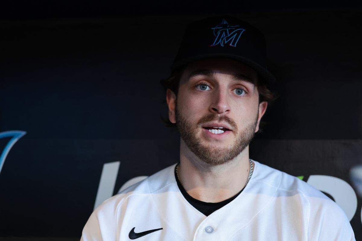 Miami Marlins third baseman Connor Norby (1) speaks to reporters during media day at loanDepot park on Friday, Feb. 6, 2026, in Miami, Fla.