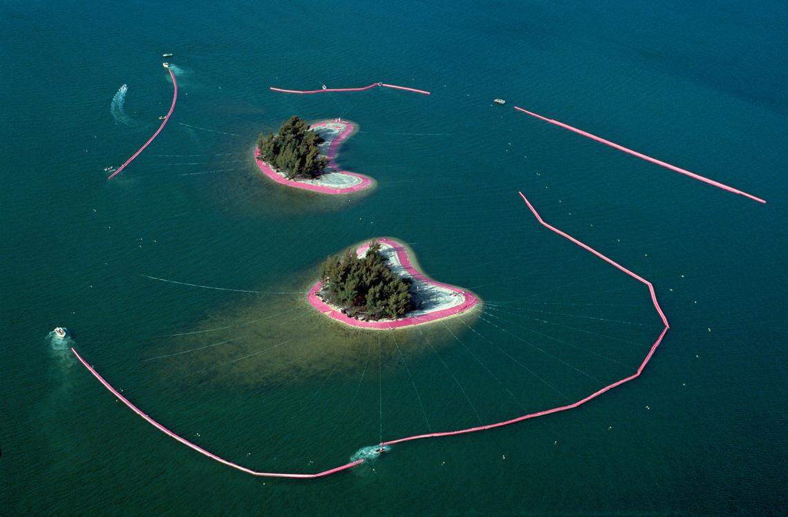 To create 1983’s “Surrounded Islands,” artists Christo and Jeanne-Claude wrapped 11 Biscayne Bay islands in 6.5 million square feet of fabric secured by Styrofoam, steel cables and an anchoring system.  A retrospective of the work is on display through Feb. 17, 2019 at the Perez Art Museum Miami.
