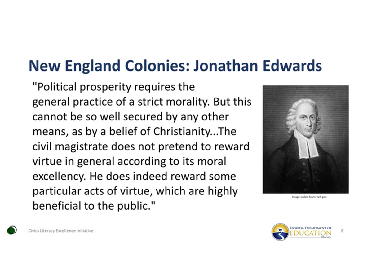 This is one of the slides shown during the Florida Department of Education’s training series for civics and government teachers.