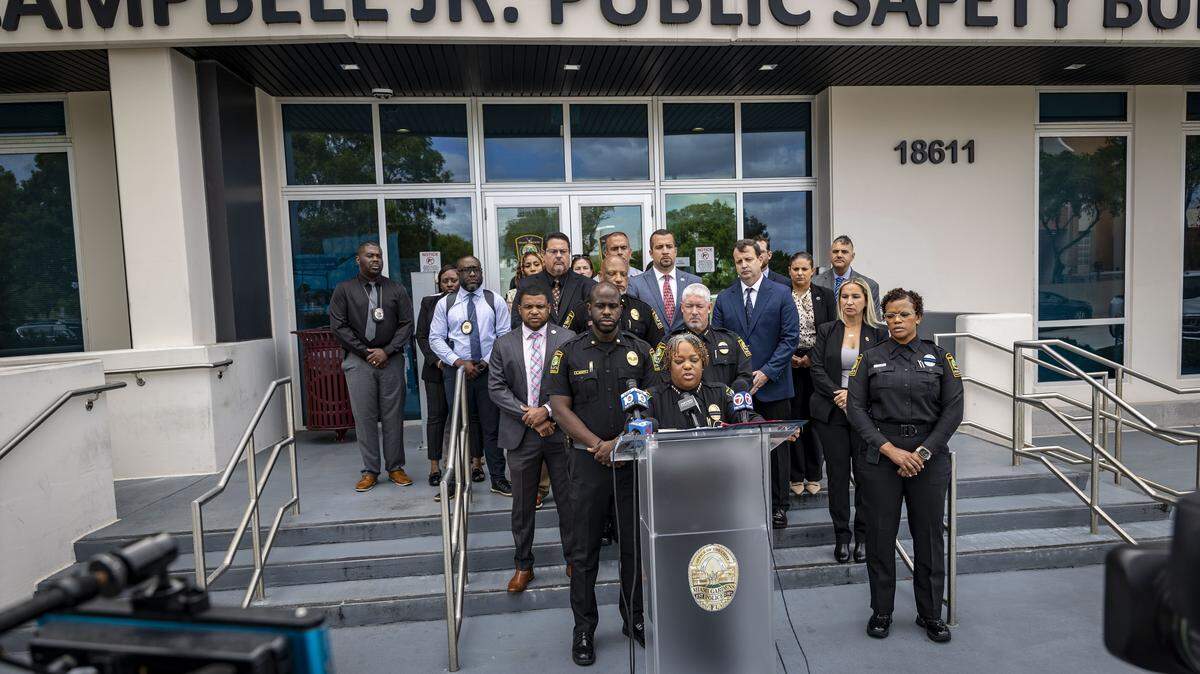 Miami Gardens, FL, November 5, 2025 - Miami Gardens Police Chief Delma K. Noel-Pratt along with members of the Command Staff, delivers a formal statement and provides case details during a press conference regarding the Cold Case Homicide arrest of Ramone O'Neil Clayton, who was identified as the suspect in the September 23, 2012, shooting death of his wife, Stephanie Clayton, during a gathering in Miami Gardens, Florida.