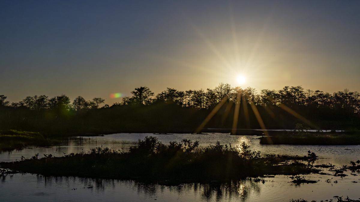 The sun sets over the Florida Everglades on Tuesday, March 10, 2026, in Miami, Fla. Florida is currently experiencing widespread drought, with conditions drier than usual for April.