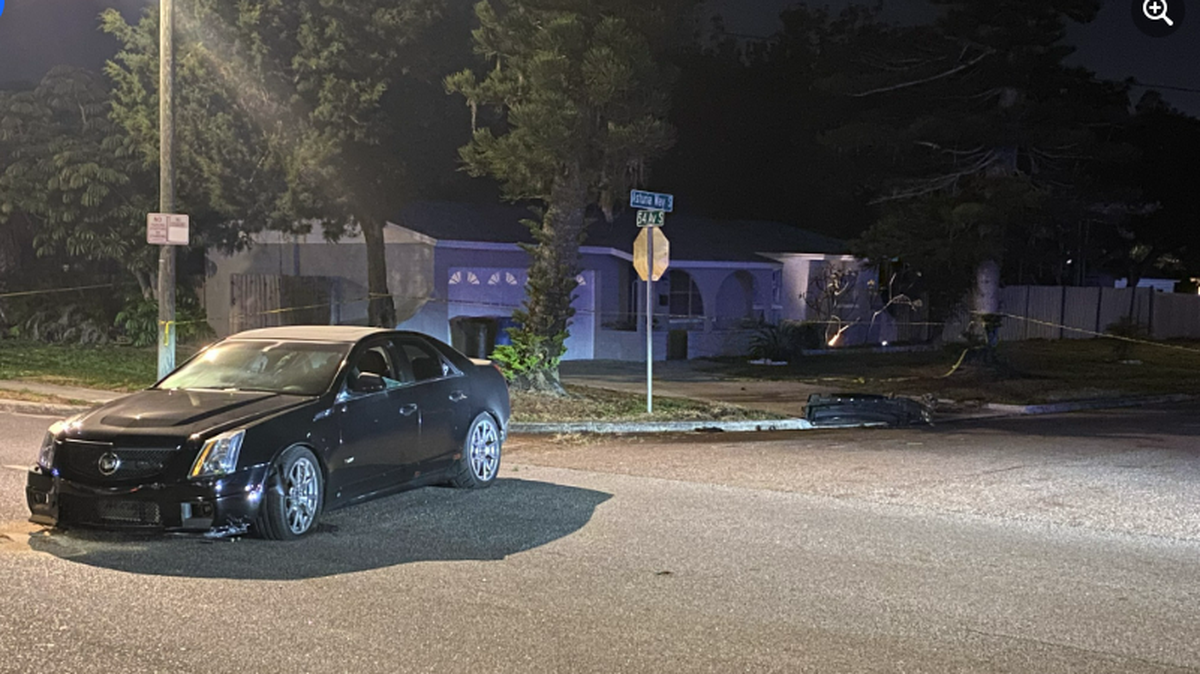 The Cadillac crashed into a pile of rocks in the 1400 block of 54th Avenue South, about 11 miles south of where the shooting occurred, police in St. Petersburg, Florida, said.