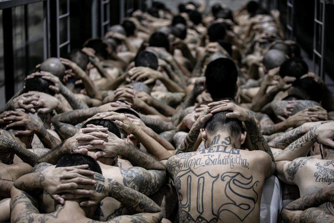A group of 2,000 detainees is moved to the mega-prison Terrorist Confinement Centre (CECOT)on March 15, 2023 in Tecoluca, El Salvador.