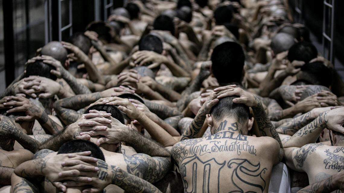 Detainees at the mega-prison Terrorist Confinement Center in El Salvador, where the U.S. has sent more than 200 Venezuelans under the Alien Enemies Act.
