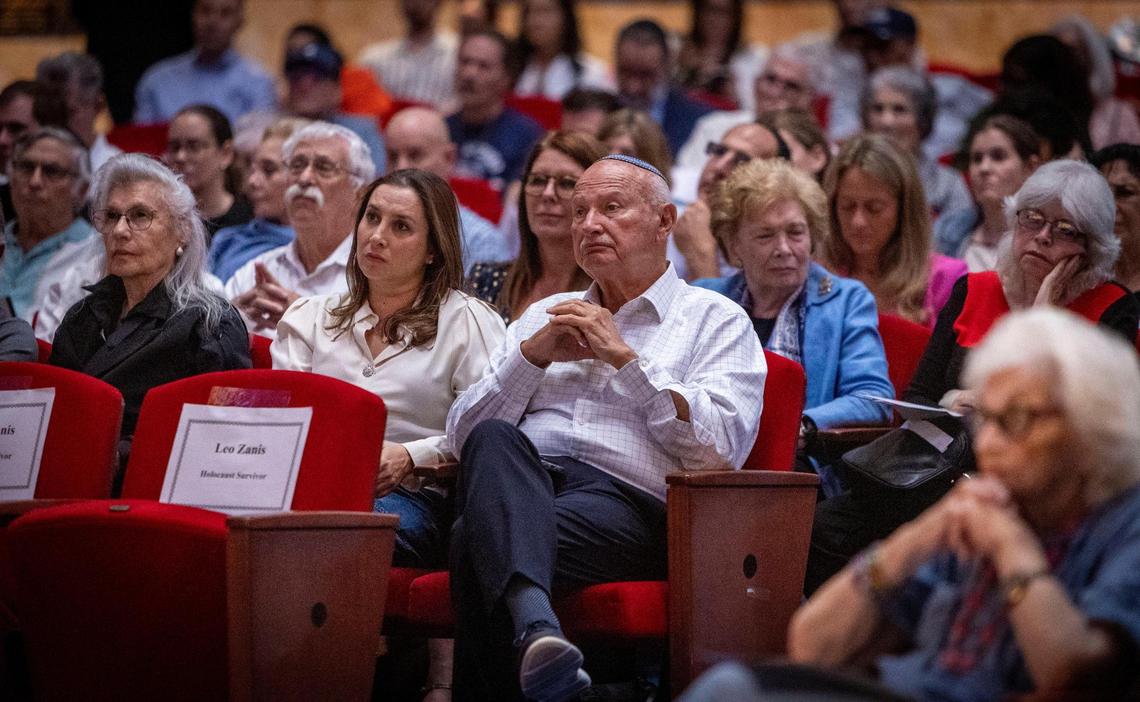 Miami Beach, FL, April 27, 2025 - People listen to speakers during a ceremony to Commemorate Yom HaShoah, Holocaust Remembrance Day at Temple Emanu-El in Miami Beach.