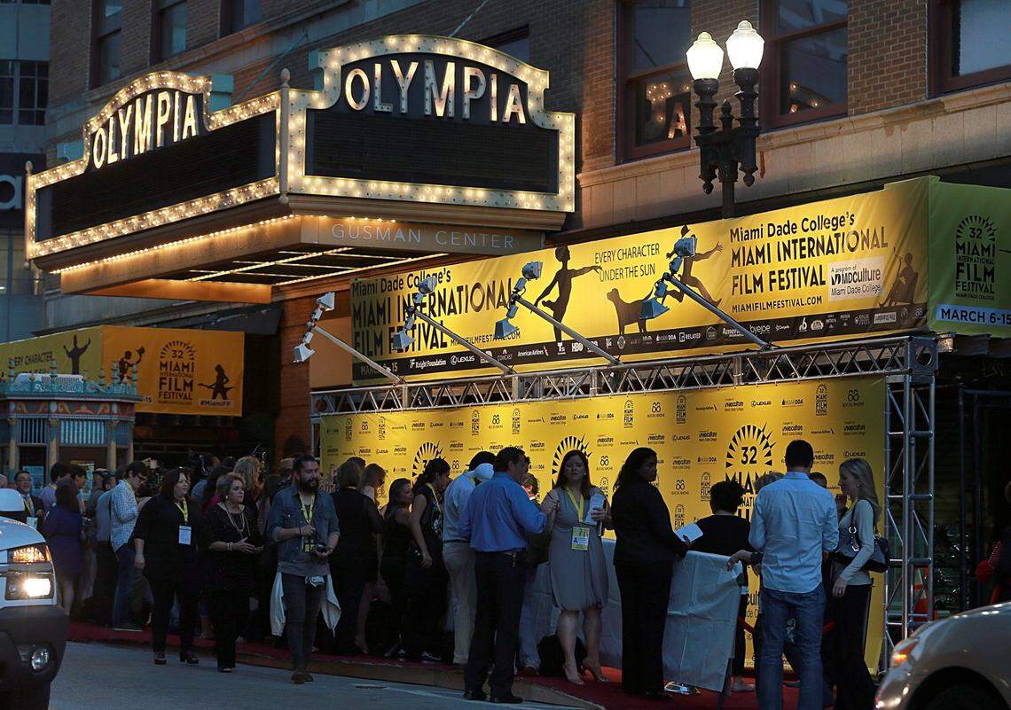A view outside the Gusman Theater shows festivalgoers crowding Flagler Street during the opening night of the 32nd Miami International Film Festival in Miami, Friday, March 6, 2015.
