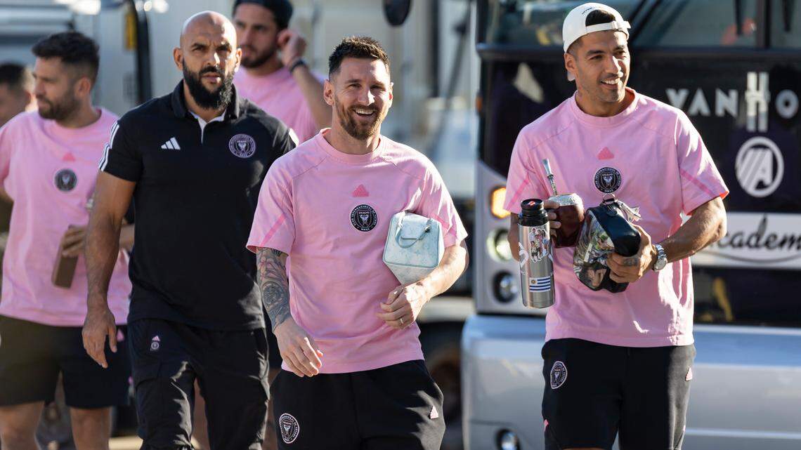 Inter Miami forwards Lionel Messi (10) and Inter Miami Luis Suárez (9) arrive to Chase Stadium before the start of their MLS match against the Colorado Rapids on Saturday, April 6, 2024, in Fort Lauderdale, Fla.