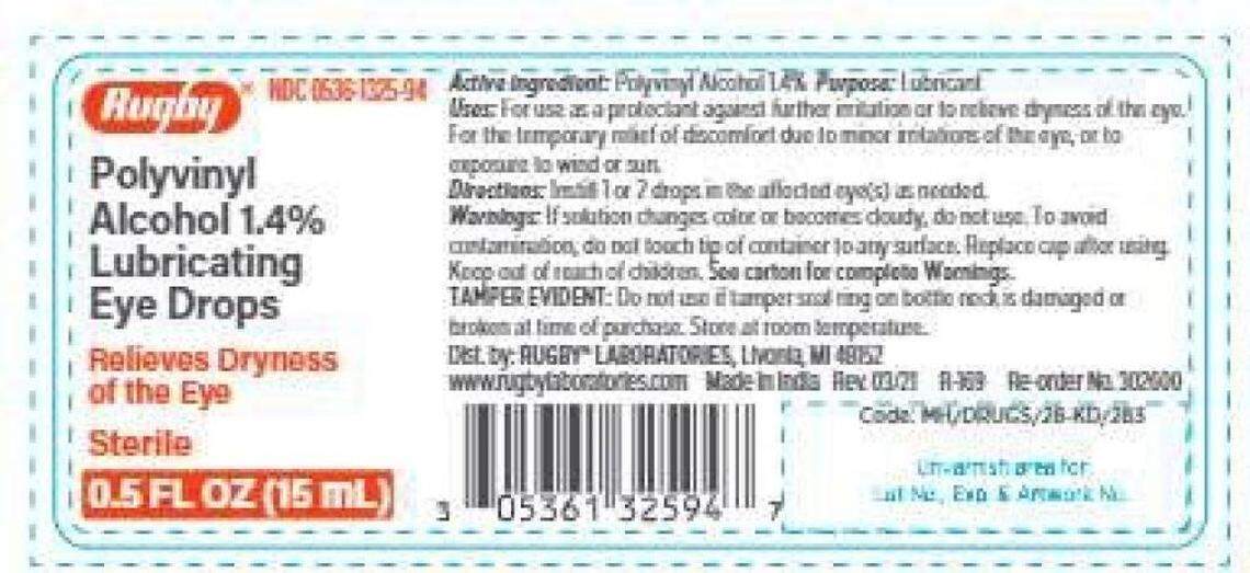 The label on Rugby Polyvinyl Alcohol 1.4% Lubricating Eye Drops.