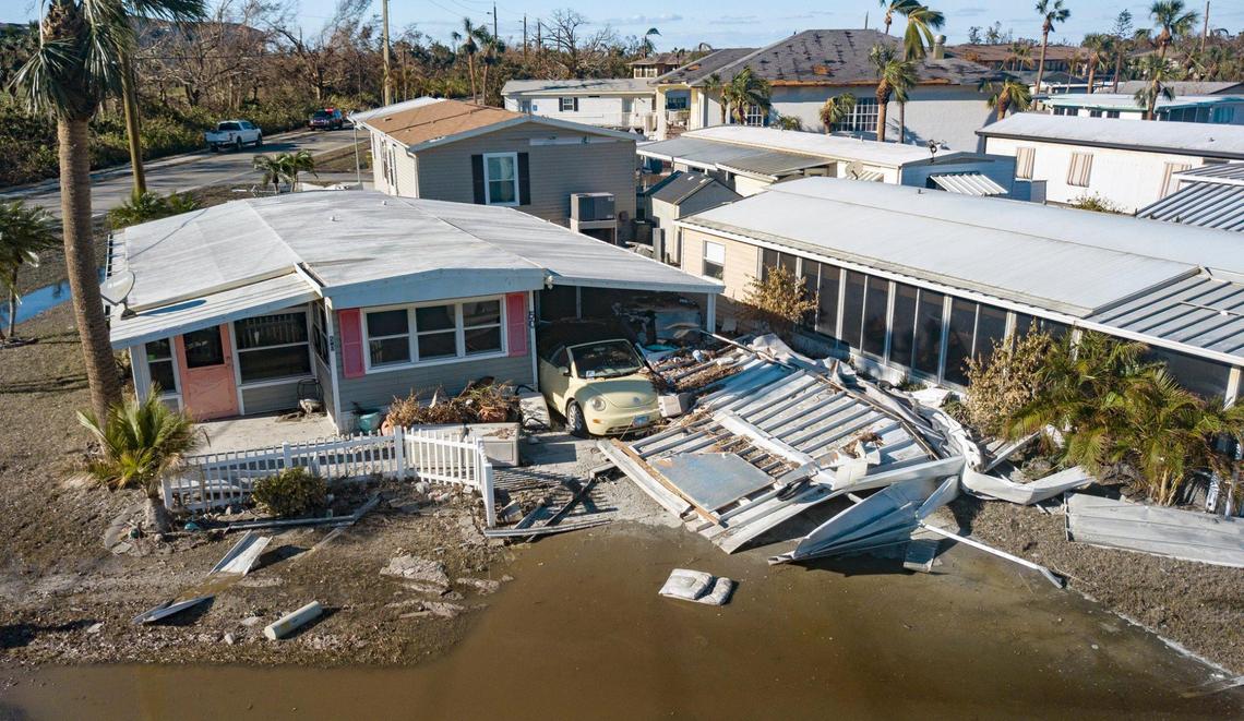 A mobile home in the Iona community in Fort Myers on Sunday, October 2, 2022, damaged by the storm surge caused when Hurricane Ian struck the area.