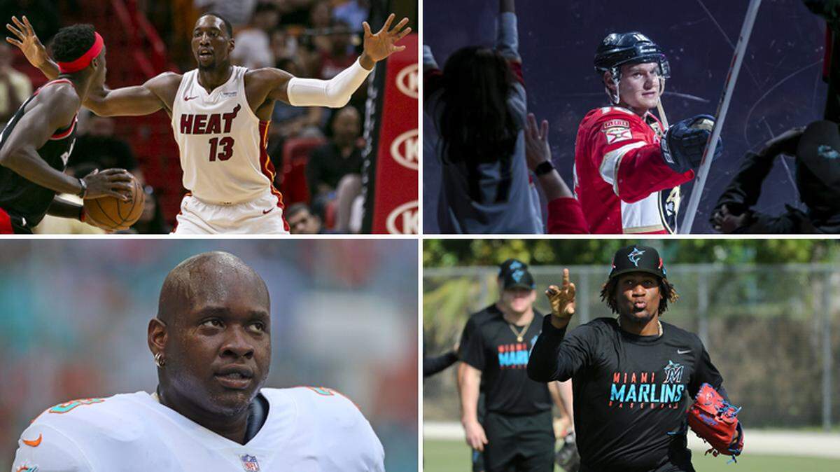 Miami Heat’s Bam Adebayo (clockwise from top left), Florida Panthers Sasha Barkov, Miami Marlins Sixto Sanchez and Miami Dolphins Laremy Tunsil.