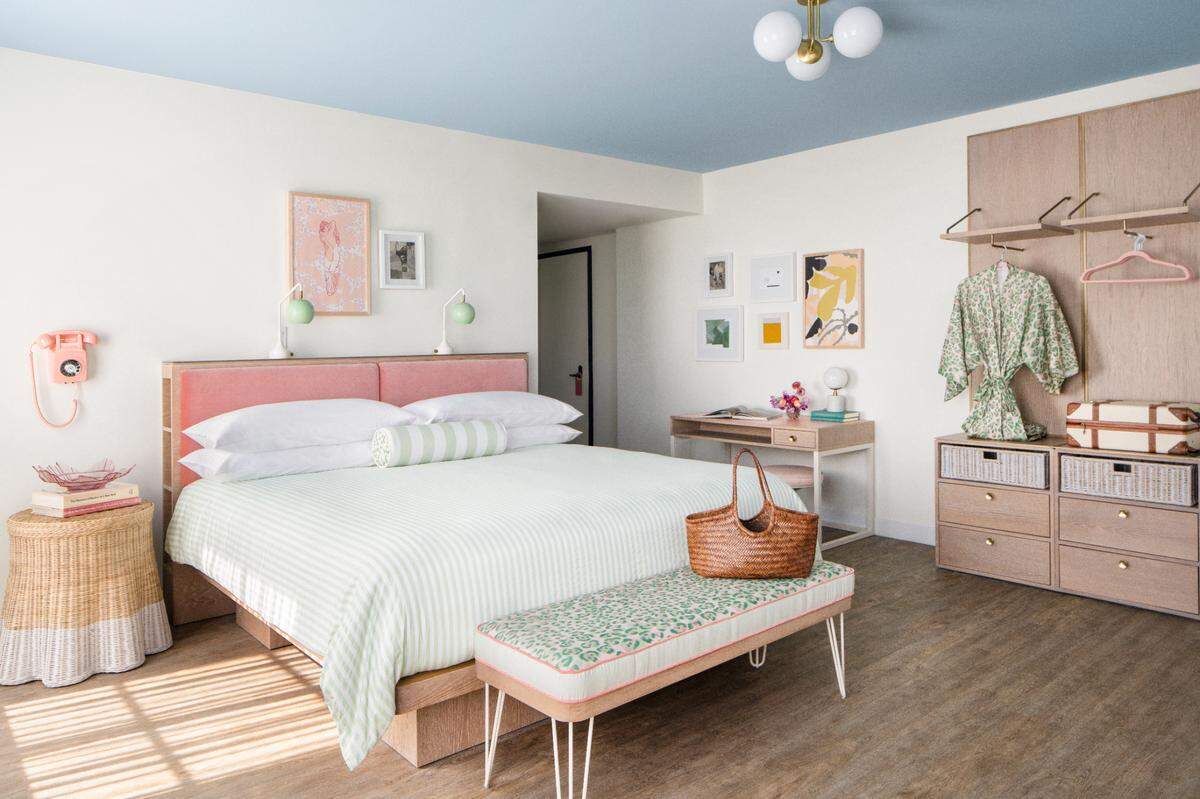 Rooms at the new Goodtime Hotel in South Beach come with pastel pink and green leopard robes.