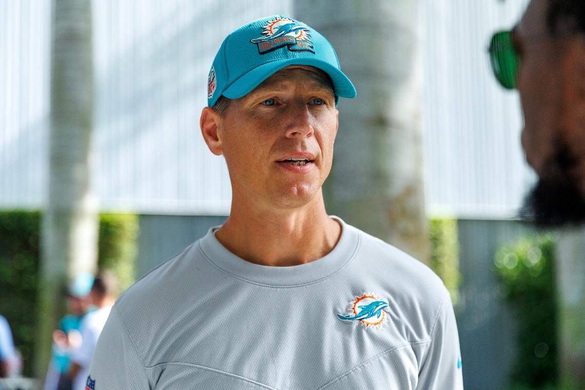 Miami Dolphins outside linebackers coach Ryan Slowik speaks with the media before NFL football training camp at Baptist Health Training Complex in Hard Rock Stadium on Tuesday, August 22, 2023 in Miami Gardens, Florida.