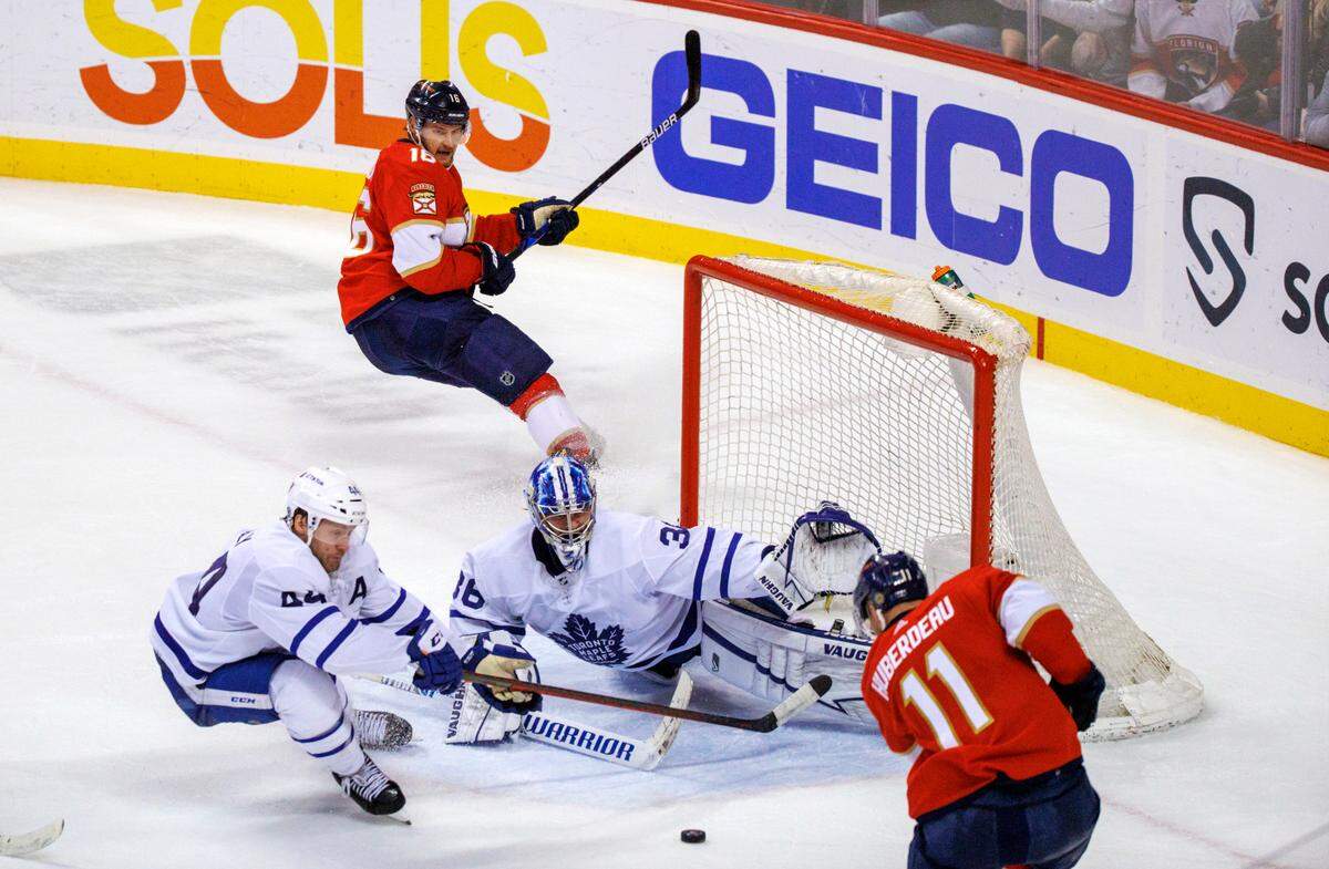Florida Panthers left wing Jonathan Huberdeau (11) scores the winning goal against Toronto Maple Leafs goaltender Jack Campbell (36) during overtime of an NHL game at the FLA Live Arena on Tuesday, April 5, 2022 in Sunrise, Fl.