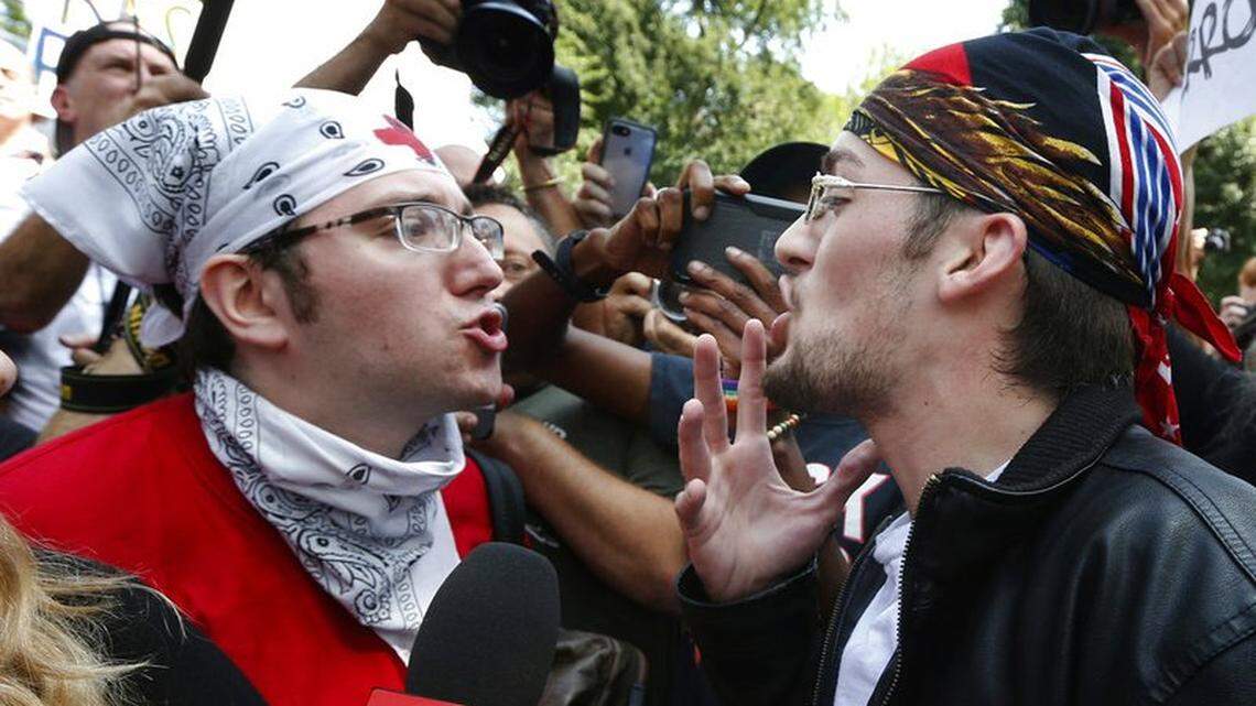 In 2017, protesters on opposite sides of the political spectrum confront each other at a “Free Speech” rally by conservative activists in Boston.