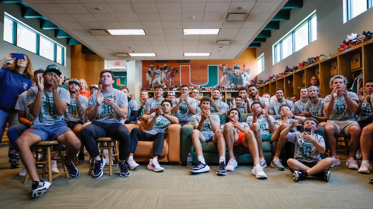 University of Miami baseball players react as the they learn which teams they will face in the NCAA Division I baseball tournament during a watch party at the team’s clubhouse inside Alex Rodriguez Park at Mark Light Field at the University of Miami campus in Coral Gables, Florida, Monday, May 29, 2023.