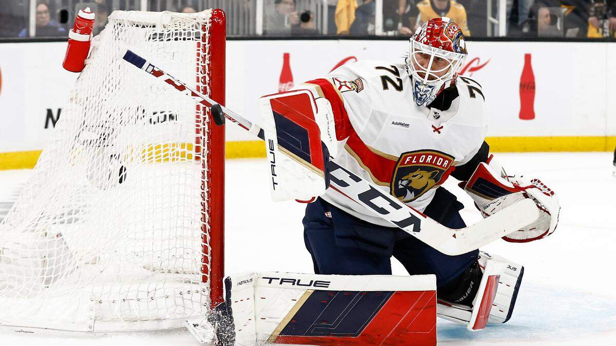 May 10, 2024; Boston, Massachusetts, USA; Florida Panthers goaltender Sergei Bobrovsky (72) turns away a shot against the Boston Bruins during the third period of game three of the second round of the 2024 Stanley Cup Playoffs at TD Garden.